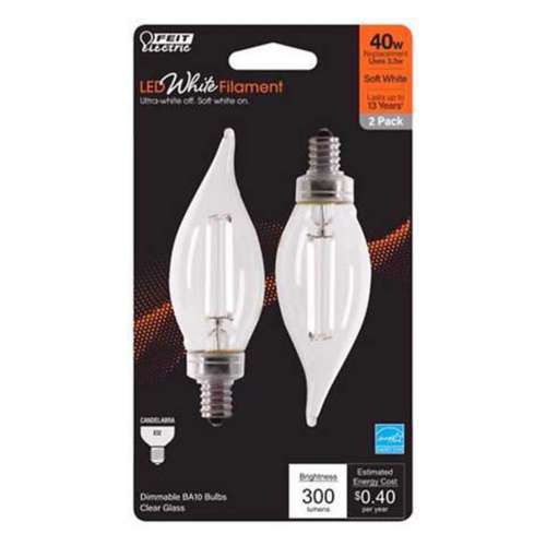 Feit White Filament BA10 E12 Candelabra Filament LED Bulb Soft White 40 Watt - 2 Pack
