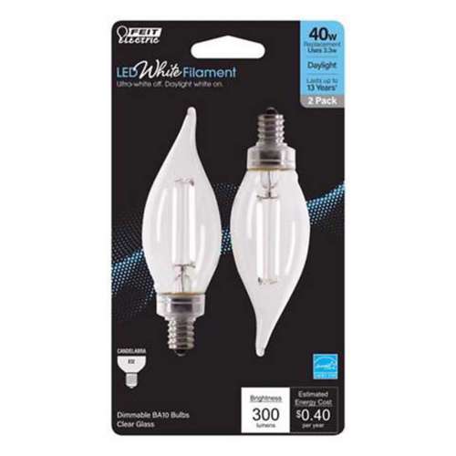 Feit White Filament BA10 E12 Candelabra Filament LED Bulb Daylight 40 Watt - 2 Pack