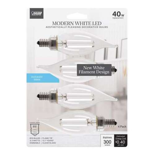 Feit White Filament BA10 E12 Candelabra Filament LED Bulb Daylight 40 Watt - 4 Pack