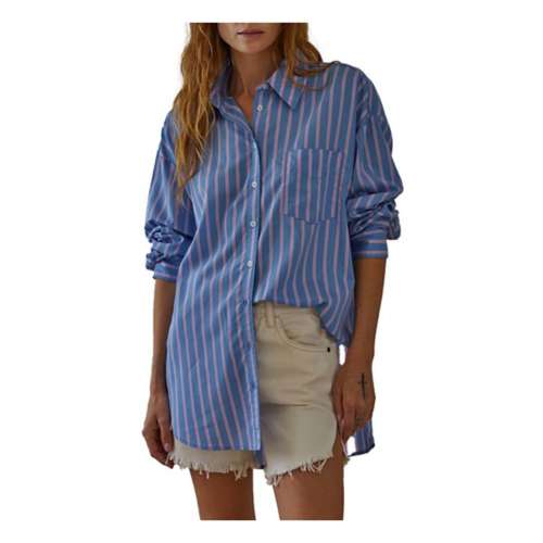 Women's By Together Pink Lagoon Striped Long Sleeve Button Up Shirt