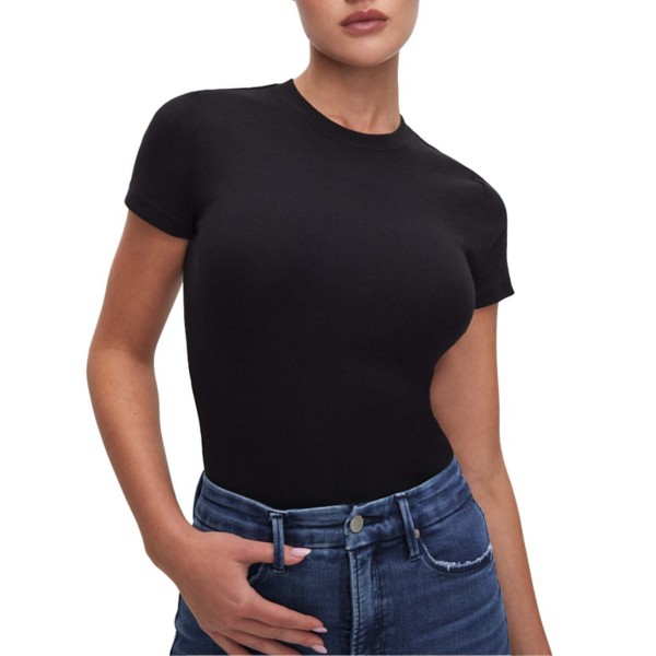 Women's GOOD AMERICAN Micro Rib Cotton Tee Bodysuit XLarge Black