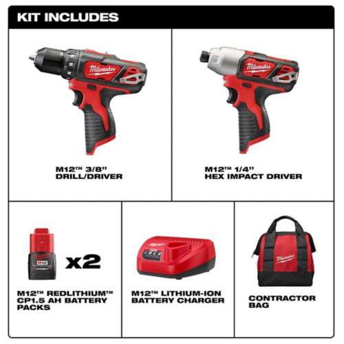 Milwaukee M12 12V Cordless Brushed 2 Tool Drill and Impact Driver Kit