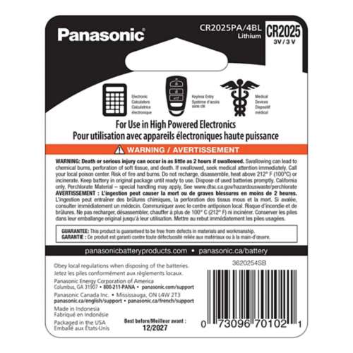 Panasonic CR2025 Lithium Battery 4PK