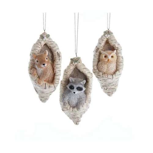 Kurt S. Adler *Assorted* Animal Coming Out Of Birch Bark Tree Hole Ornaments