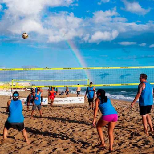 Volleyball ground stakes, equipment bags, guylines, and sand