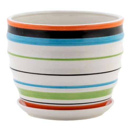 Napco Imports Blue/Coral Striped Pot with Saucer