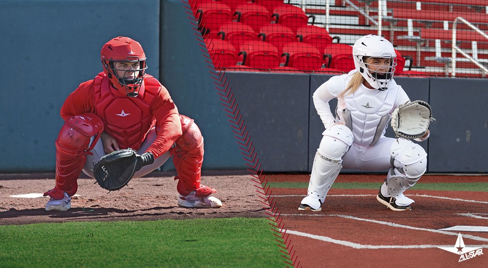 a softball and baseball catcher wearing all her gear behind home plate