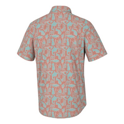 HUK Kona Chemise de pêche boutonnée à manches courtes pour homme, Scarlet Blaze, Taille S