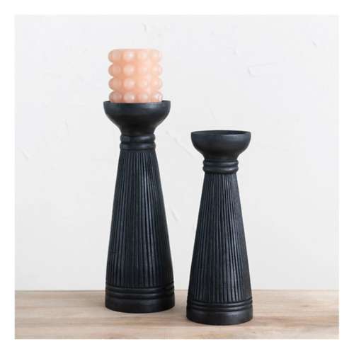 Creative Co-Op Albasia Wood Ribbed Candle Holder (Set of 2)