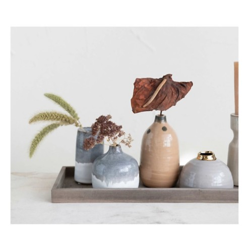 Creative Co-Op Mango Wood Tray w/ 1 Taper Holder & 4 Vases - Primary Image