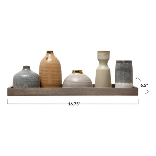 Creative Co-Op Mango Wood Tray w/ 1 Taper Holder & 4 Vases - Primary Image