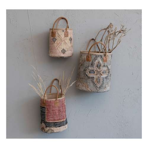 Creative Co-Op Jute & Cotton Kilim Baskets with Leather Handles (All Thermal Optics)