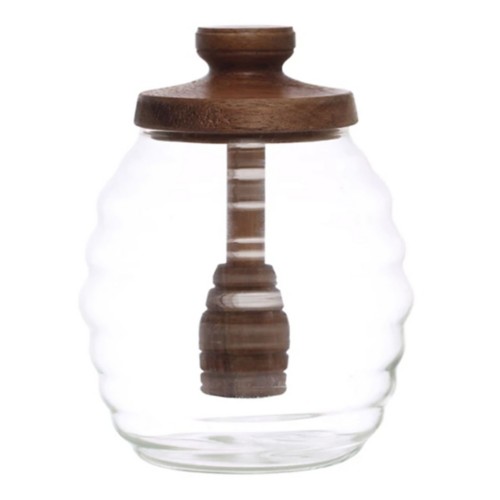 Creative Co-Op 14 oz. Glass Honey Jar w/ Acacia Wood Lid & Attached Honey Dipper