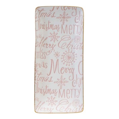 Creative Co-Op Stoneware Tray with Gold Color Rim "Merry Christmas"