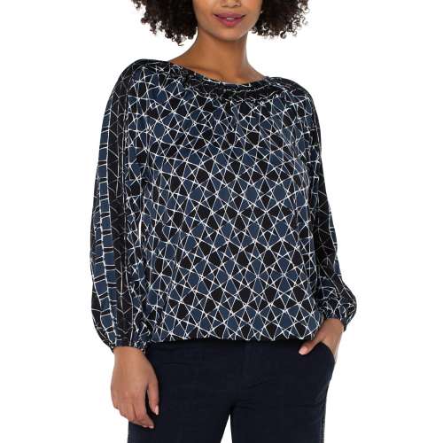 Women's Liverpool Los Angeles Shirred Woven Long Sleeve Boat Neck Blouse