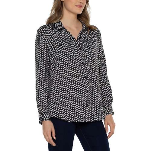 Women's Liverpool Los Angeles Flap Pocket Button Front Woven Blouse Long Sleeve Button Up Shirt
