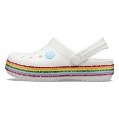 white crocs with rainbow writing