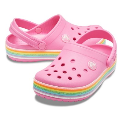 white crocs with rainbow writing