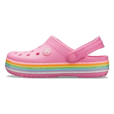 white crocs with rainbow writing