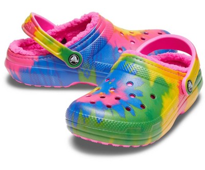 multi colored crocs with fur