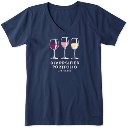 Women's Life Is Good Diversified Portfolio Wine Crusher Vee T-Shirt