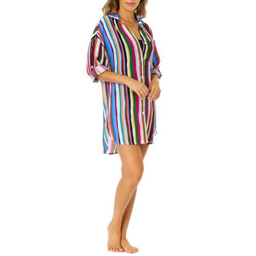 Women's Anne Cole Easy Breezy Stripe Button Feminina Shirt Swim Cover Up