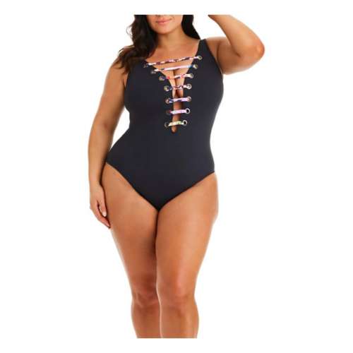 Women's Bleu Rod Beattie Plus Size Party Animal Plunge Lace Down One Piece Swimsuit