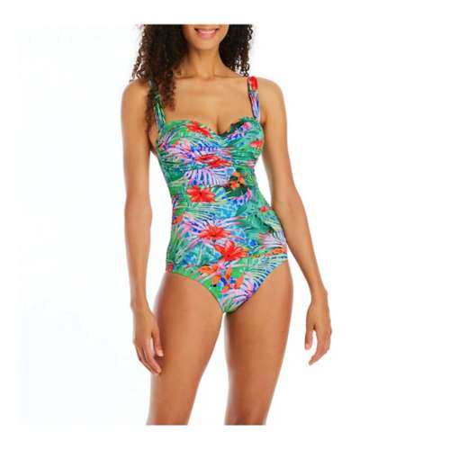 Women's Bleu Rod Beattie Topical Flight Bandeu With Molded Cups One Piece Swimsuit