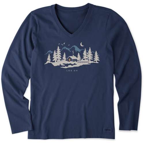 Women's Life Is Good Winter Log Cabin Long Sleeve Crusher V-Neck T-Shirt