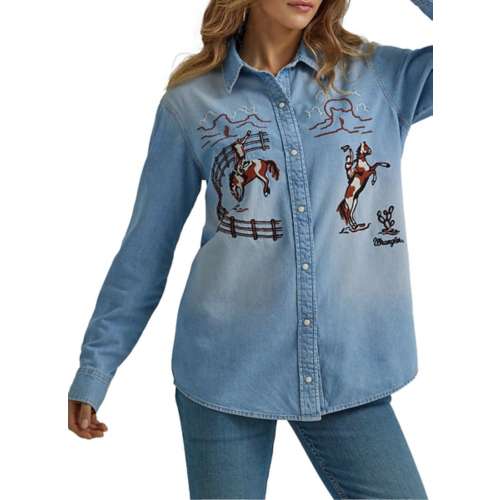 Women's Wrangler Embroidered Boyfriend Western Long Sleeve Button Up Wood shirt