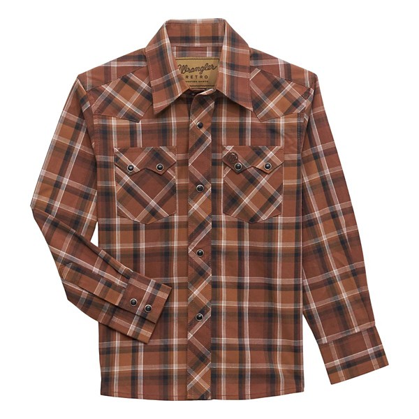 Boys’ Wrangler Retro Core Long Sleeve Button Up Shirt Large Brown