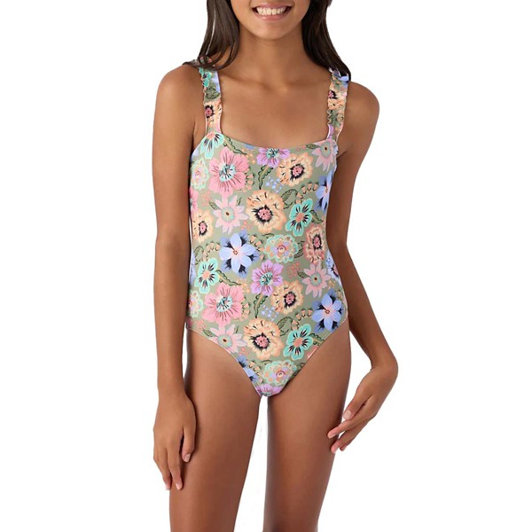 Girls’ O’Neill Talitha Floral Ruffle One Piece Swimsuit 7 Oil Green