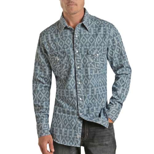 Men's Rock & Roll Denim Slim Fit Aztec Print Snap Long Sleeve Button Up Shirt