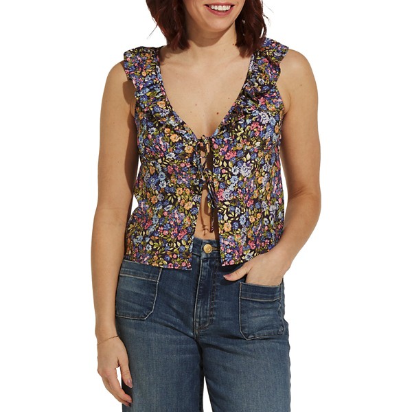 Women's By Together Floral Tie Front Sleeveless Shirt Medium Multi