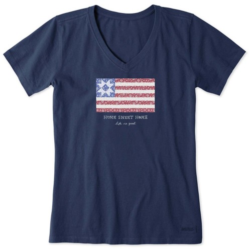 Women's Life is Good Home Sweet Home Quilted Flag V-Neck T-Shirt