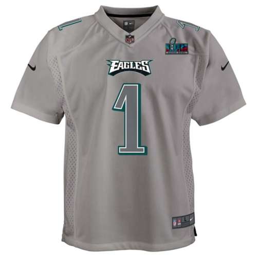Youth Nike Jalen Hurts Gray Philadelphia Eagles Super Bowl LVII Patch Atmosphere Fashion Game Jersey Size: Large
