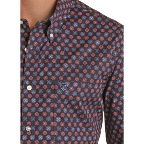Men's Rock & Roll Denim Ditzy Geo Woven Print Long Sleeve Button Up Shirt