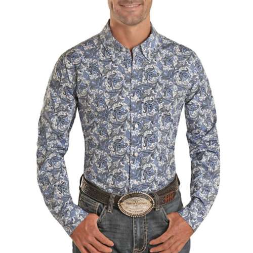 Men's Rock & Roll Denim Paisley Print Woven Long Sleeve Button Up Shirt