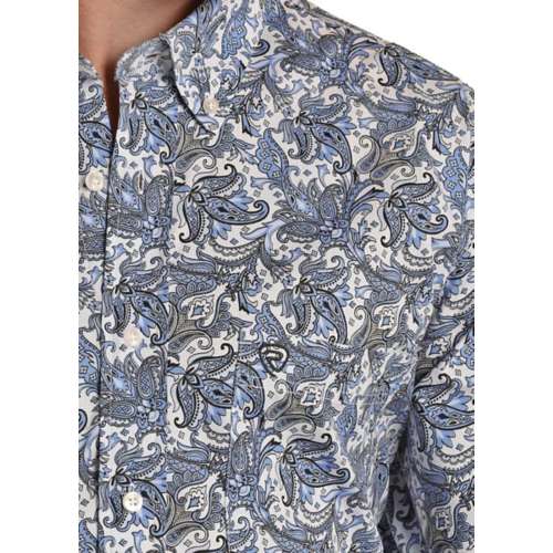 Men's Rock & Roll Denim Paisley Print Woven Long Sleeve Button Up Shirt