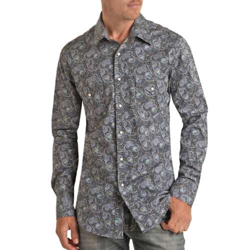 Men's Rock & Roll Denim Paisley Print Woven Snap Long Sleeve Button Up Shirt