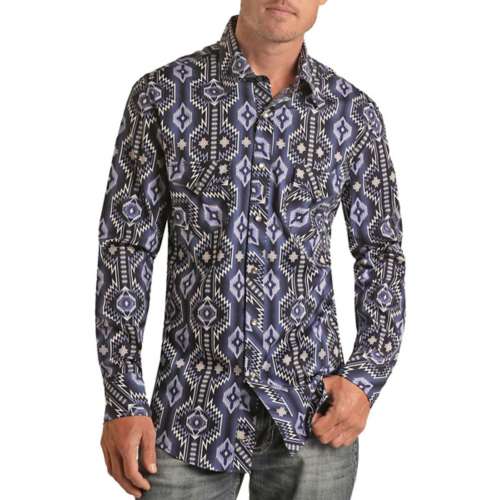 Men's Rock & Roll Denim Vertical Aztec Print Woven Snap Long Sleeve Button Up Shirt