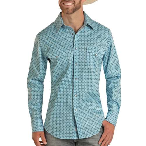 Men's Rock & Roll Denim Geo Print Woven Snap Long Sleeve Button Up Shirt