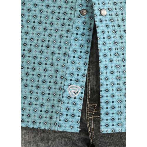 Men's Rock & Roll Denim Geo Print Woven Snap Long Sleeve Button Up Victoria shirt