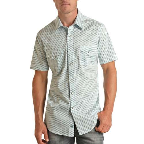 Men's Rock & Roll Denim Geo Print Woven Snap Button Up Shirt