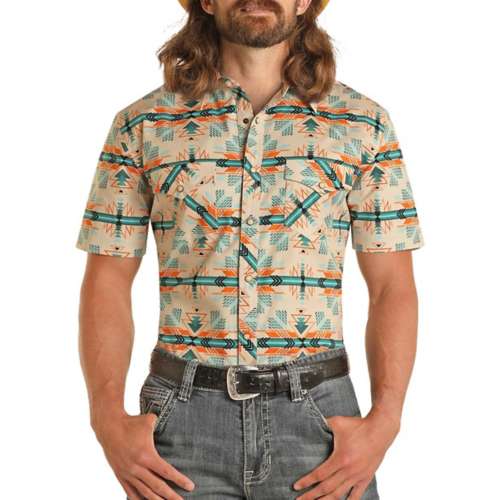 Men's Rock & Roll Denim Aztec Print Woven Snap Button Up Shirt