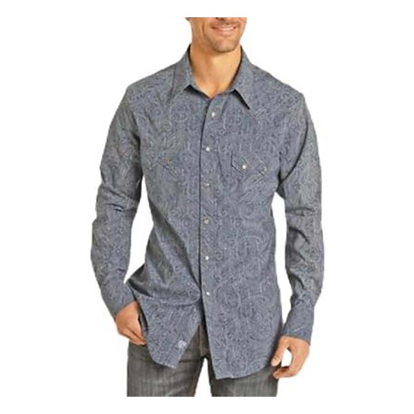 Men’s Rock & Roll Denim Rock and Roll Denim Paisley Stripe Snap Long Sleeve Button Up Shirt Medium Blue