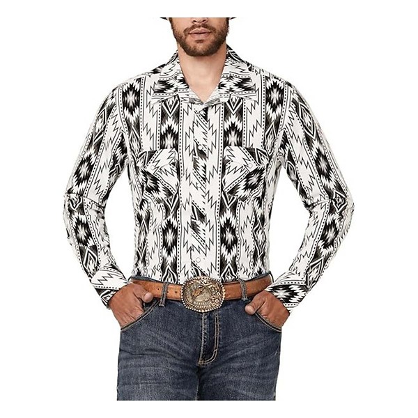 Men’s Rock & Roll Denim Rock and Roll Denim Aztec Stripe Snap Long Sleeve Button Up Shirt Medium White