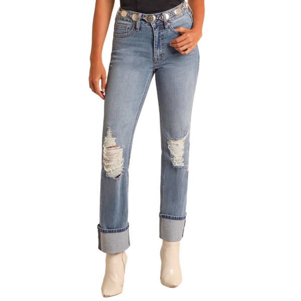 Women's Rock & Roll Denim Distressed Modest Bootcut Jeans Midnight Wash 28 30