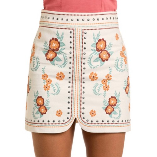 Women's Rock & Roll Denim Floral Studded Skirt