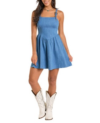 Women's Rock & Roll Denim Buckle Square Neck Dress